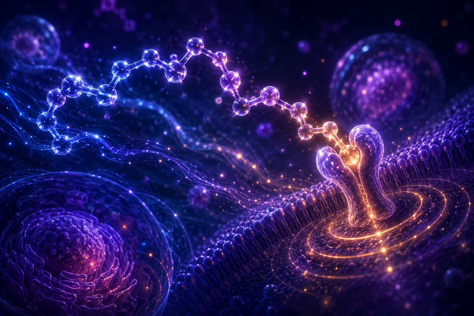 Soft blue molecular illustration representing peptide science and healthcare education